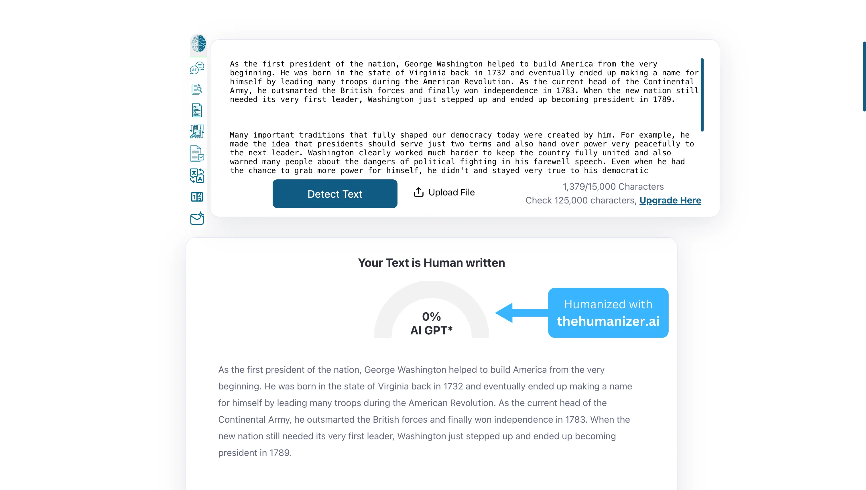 ZeroGPT AI detector showing humanized text with 100% human score